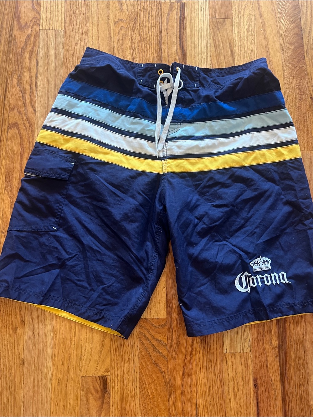 Corona Men’s Navy Blue Swim Board Shorts with Yellow & Light Blue Stripes
